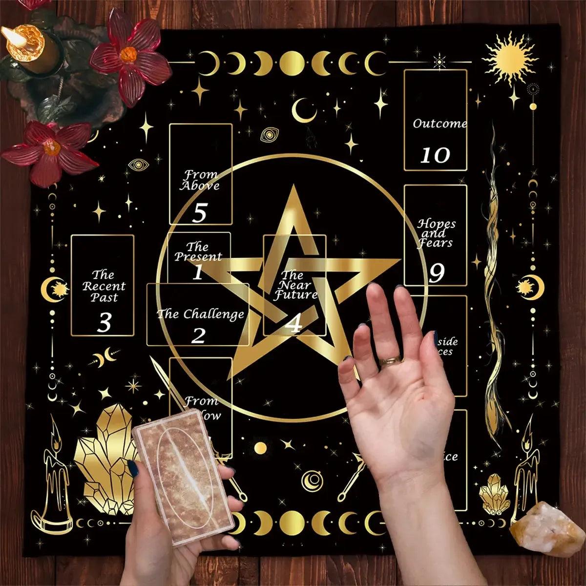 Golden Pentacle and Moon Phases Altar Cloth Wicca Tarot Tablecloth Pagan Altar Supplies-MoonChildWorld