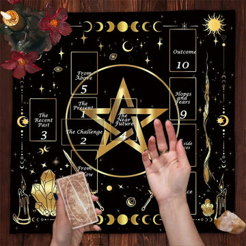 Golden Pentacle and Moon Phases Altar Cloth Wicca Tarot Tablecloth Pagan Altar Supplies-MoonChildWorld