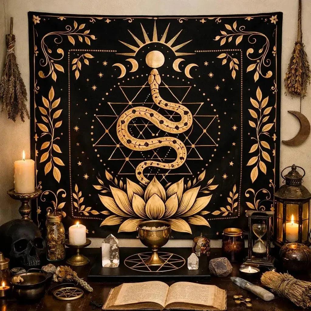 Golden Snake Lotus Tarot Tablecloth - Wiccan Altar Cloth Witchy Divination Mat for Witchcraft Spiritual Decor-MoonChildWorld