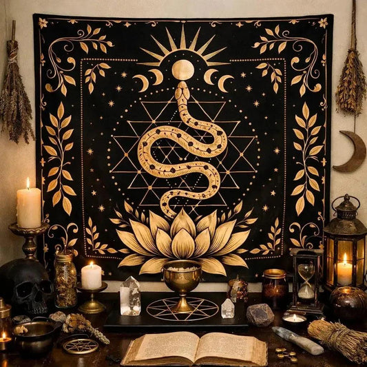 Golden Snake Lotus Tarot Tablecloth - Wiccan Altar Cloth Witchy Divination Mat for Witchcraft Spiritual Decor-MoonChildWorld
