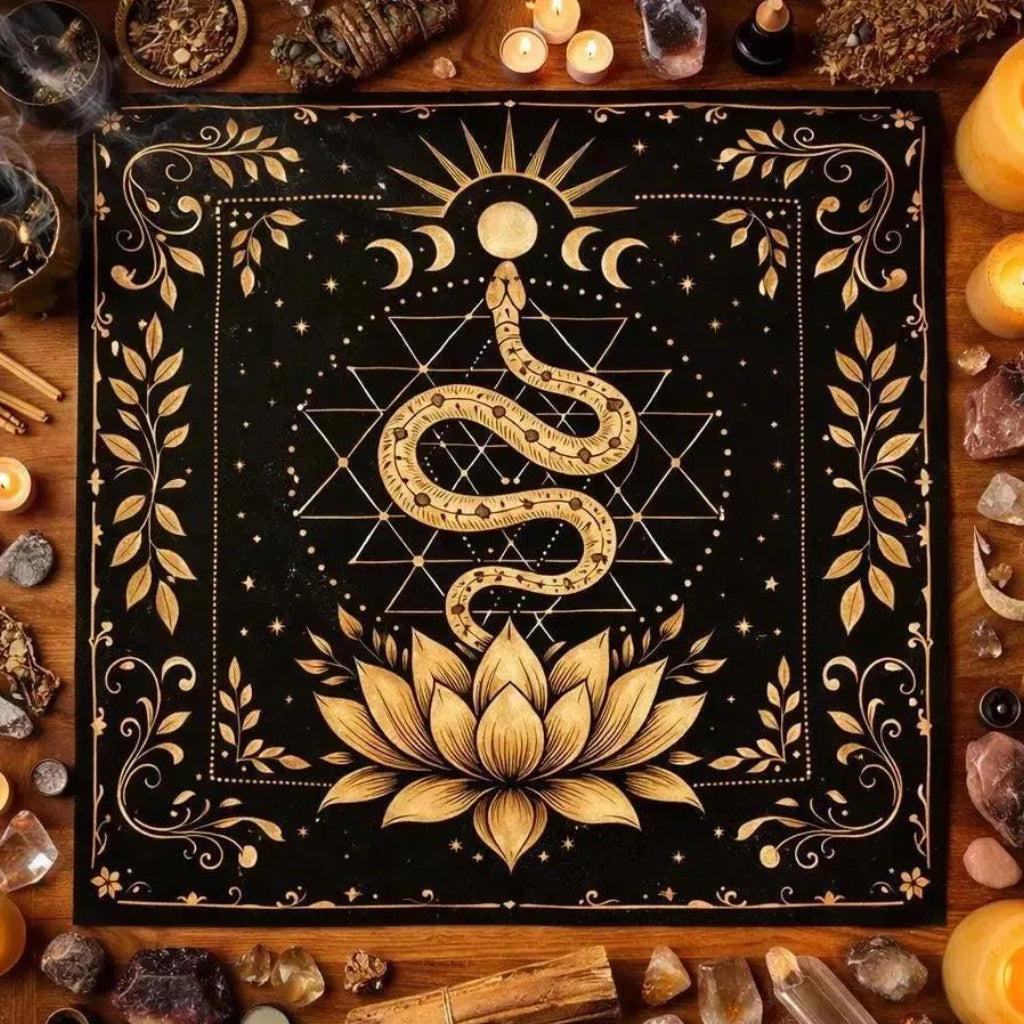 Golden Snake Lotus Tarot Tablecloth - Wiccan Altar Cloth Witchy Divination Mat for Witchcraft Spiritual Decor-MoonChildWorld