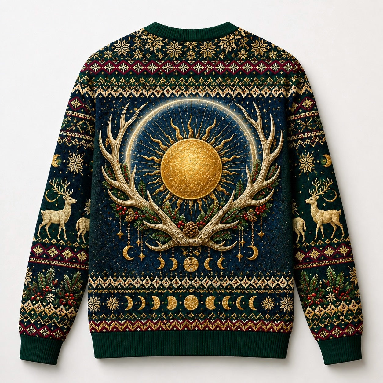 Golden Stag Sweater Antler Sun Winter Solstice Navy Knit back view