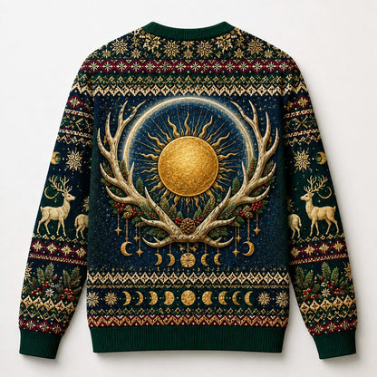Golden Stag Sweater Antler Sun Winter Solstice Navy Knit back view