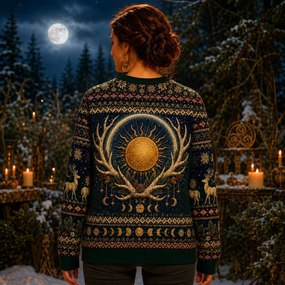 Golden Stag Sweater Antler Sun Winter Solstice Navy Knit worn, back view