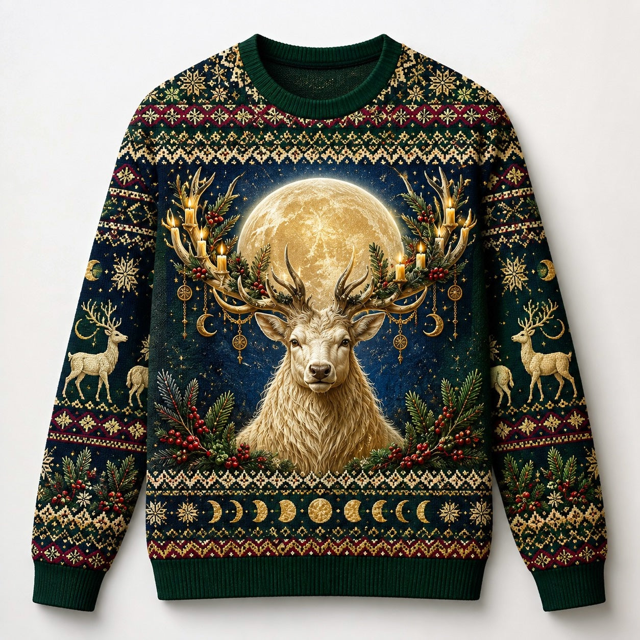 Golden Stag Sweater Antler Sun Winter Solstice Navy Knit front view