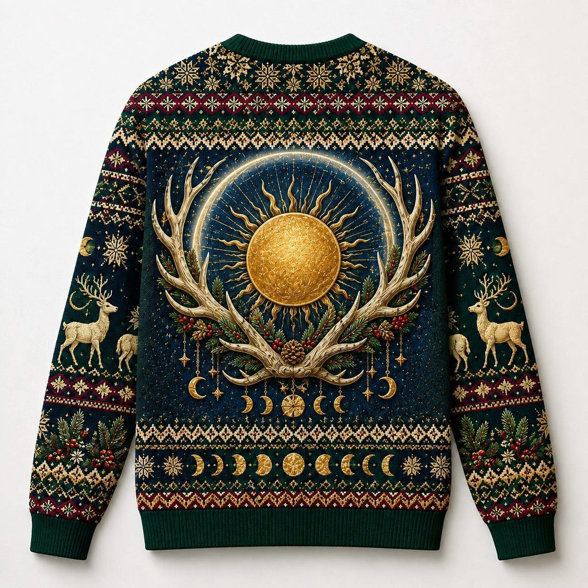 Golden Stag Sweater Antler Sun Winter Solstice Navy Knit back view