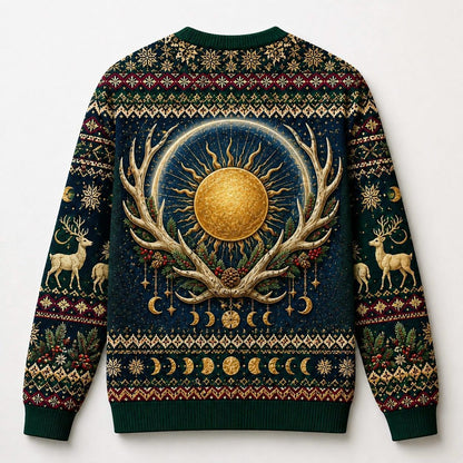Golden Stag Sweater Antler Sun Winter Solstice Navy Knit back view