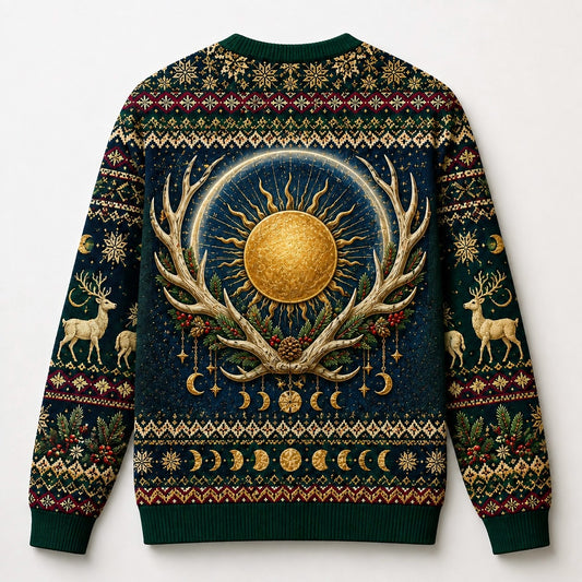 Golden Stag Sweater Antler Sun Winter Solstice Navy Knit back view
