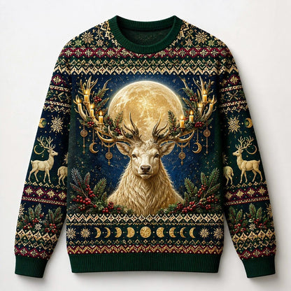 Golden Stag Sweater Antler Sun Winter Solstice Navy Knit front view