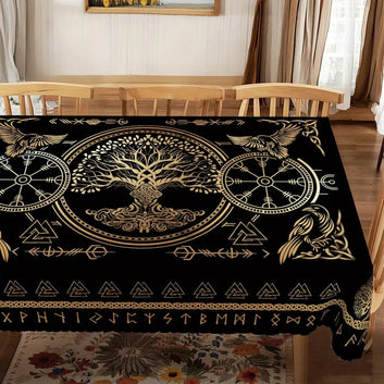 Golden Tree of Life Viking Runes Tablecloth - Norse Pagan Mythology Table Cloths-MoonChildWorld