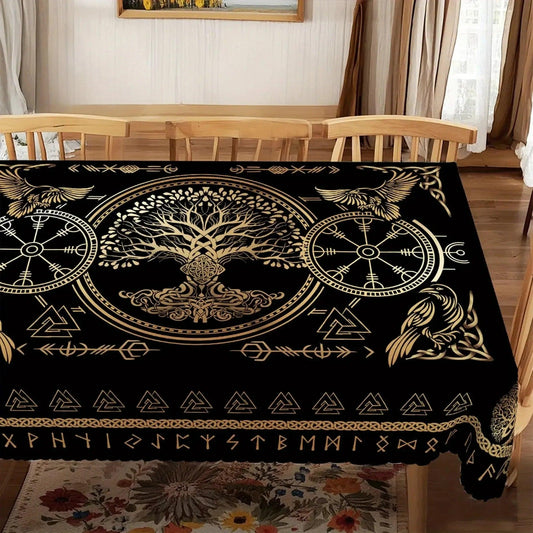 Golden Tree of Life Viking Runes Tablecloth - Norse Pagan Mythology Table Cloths-MoonChildWorld