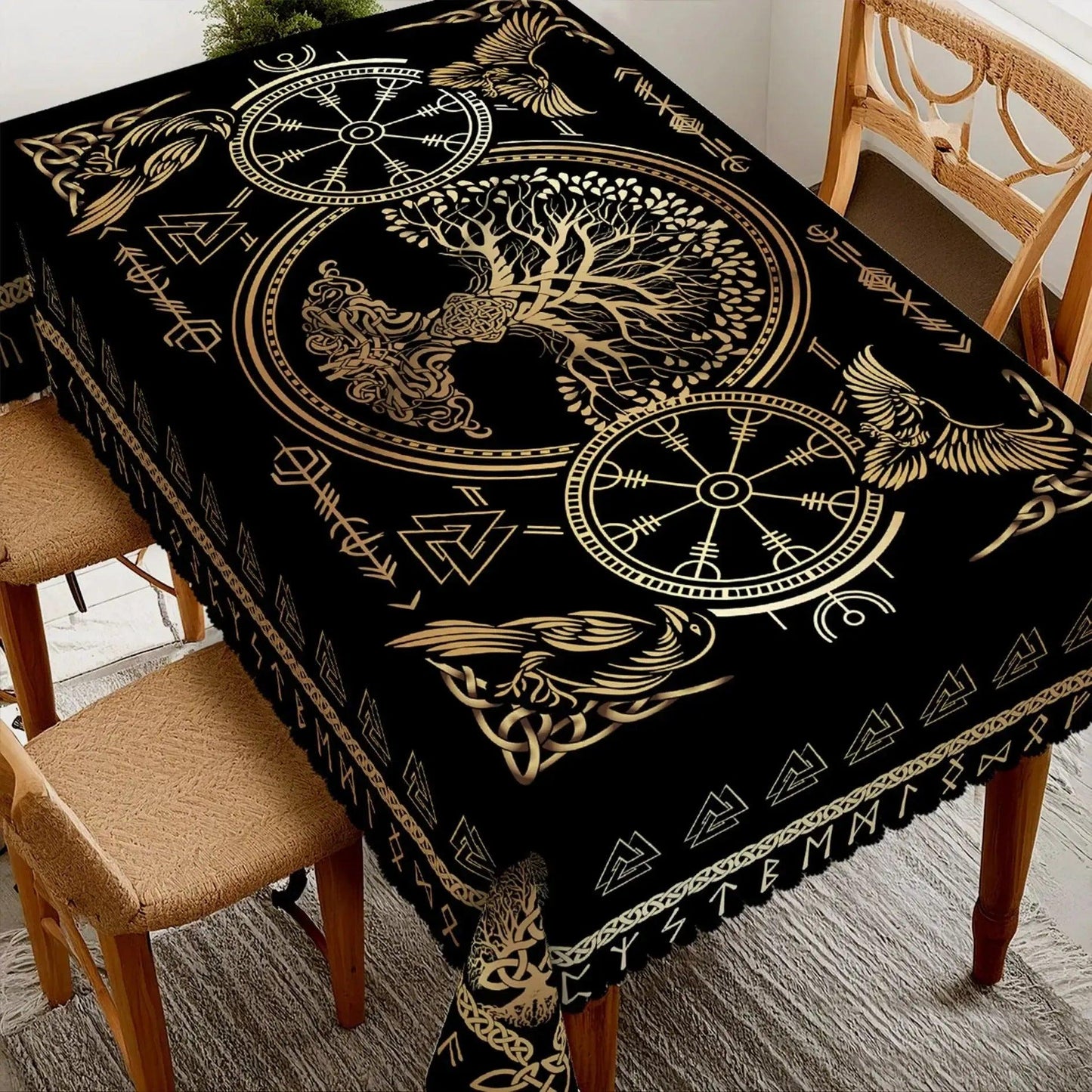 Golden Tree of Life Viking Runes Tablecloth - Norse Pagan Mythology Table Cloths-MoonChildWorld