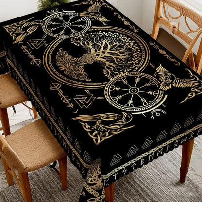 Golden Tree of Life Viking Runes Tablecloth - Norse Pagan Mythology Table Cloths-MoonChildWorld