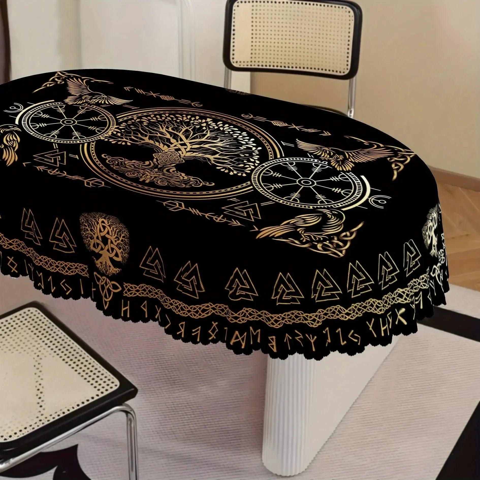 Golden Tree of Life Viking Runes Tablecloth - Norse Pagan Mythology Table Cloths-MoonChildWorld