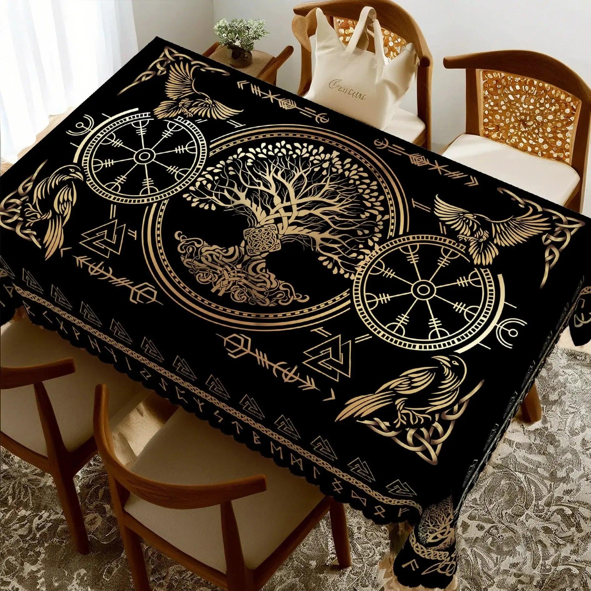 Golden Tree of Life Viking Runes Tablecloth - Norse Pagan Mythology Table Cloths-MoonChildWorld