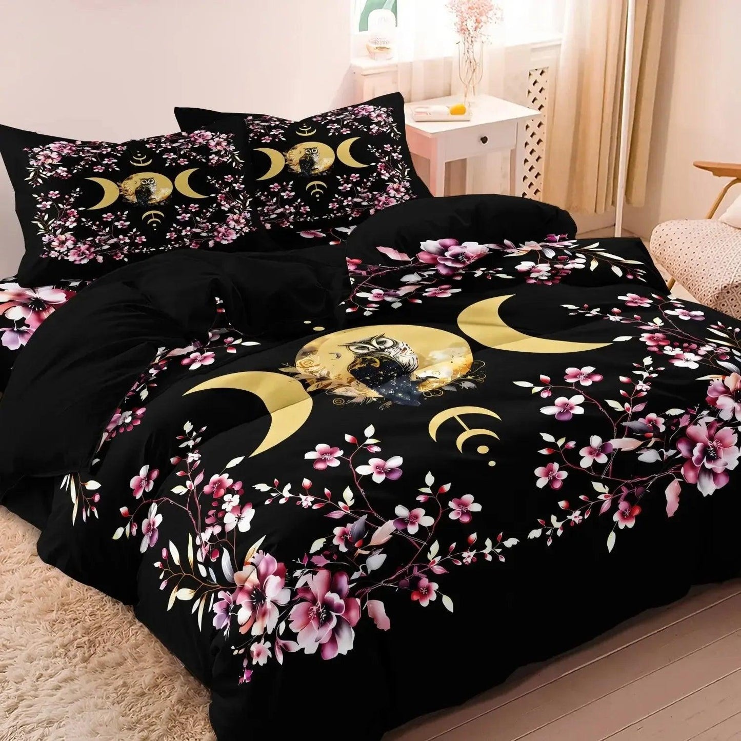Golden Triple Moon Owl Duvet Cover Set Wiccan Bedding Set Pagan Home Decor-MoonChildWorld