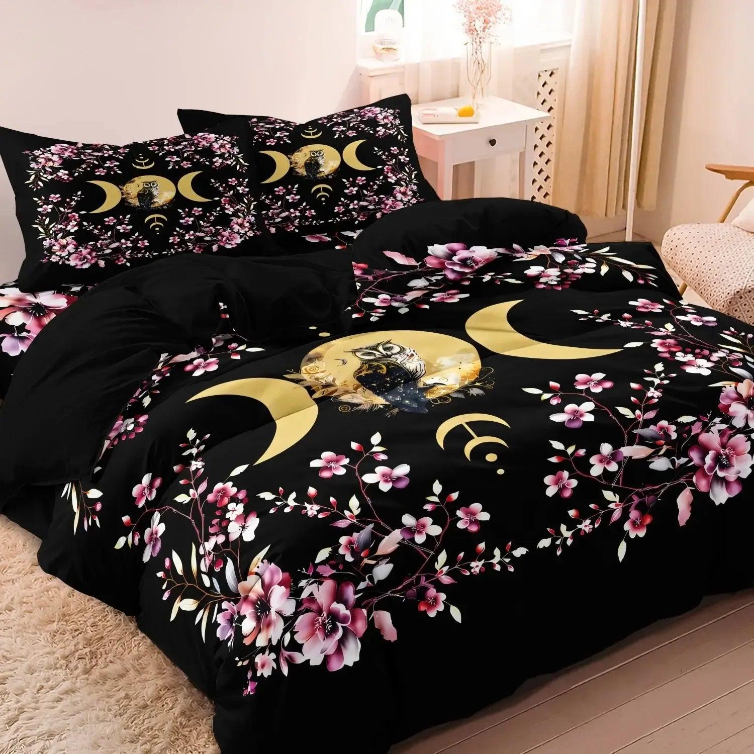 Golden Triple Moon Owl Duvet Cover Set Wiccan Bedding Set Pagan Home Decor-MoonChildWorld