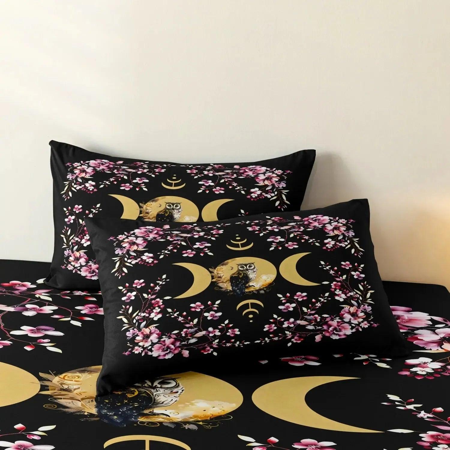 Golden Triple Moon Owl Duvet Cover Set Wiccan Bedding Set Pagan Home Decor-MoonChildWorld