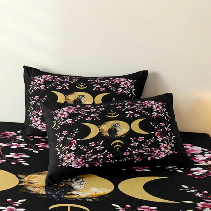 Golden Triple Moon Owl Duvet Cover Set Wiccan Bedding Set Pagan Home Decor-MoonChildWorld