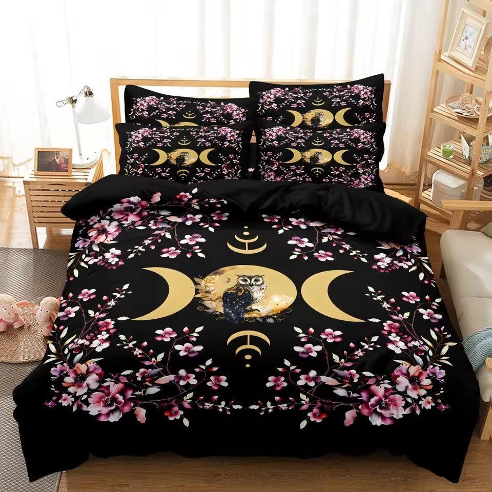 Golden Triple Moon Owl Duvet Cover Set Wiccan Bedding Set Pagan Home Decor-MoonChildWorld