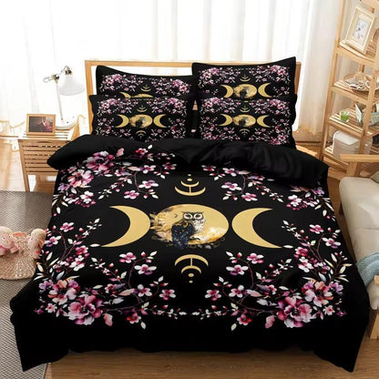 Golden Triple Moon Owl Duvet Cover Set Wiccan Bedding Set Pagan Home Decor-MoonChildWorld