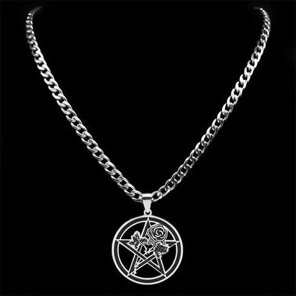 Elegant Goth Black Rose Pentacle Necklace, 50 cm stainless steel Pagan Jewelry.