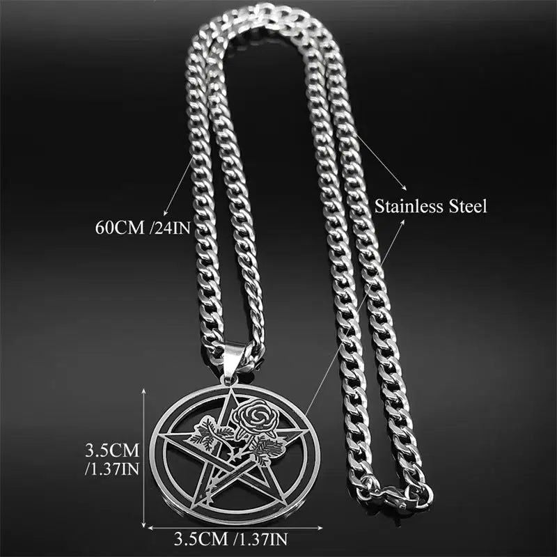 Goth Black Rose Pentacle Necklace: 60cm stainless steel chain with a 3.5cm pentacle pendant.