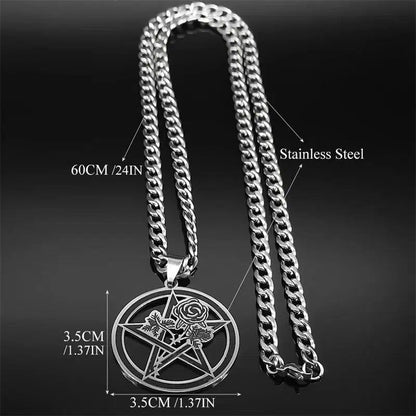 Goth Black Rose Pentacle Necklace: 60cm stainless steel chain with a 3.5cm pentacle pendant.
