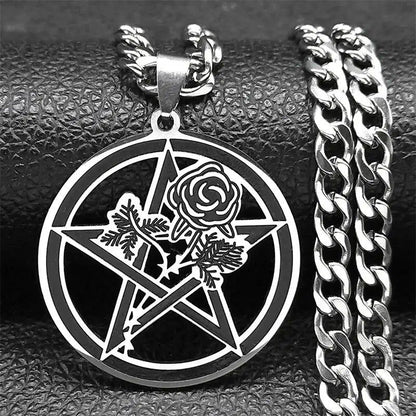 Goth Black Rose Pentacle Necklace: Elegant 50cm stainless steel Pagan jewelry with intricate rose design.