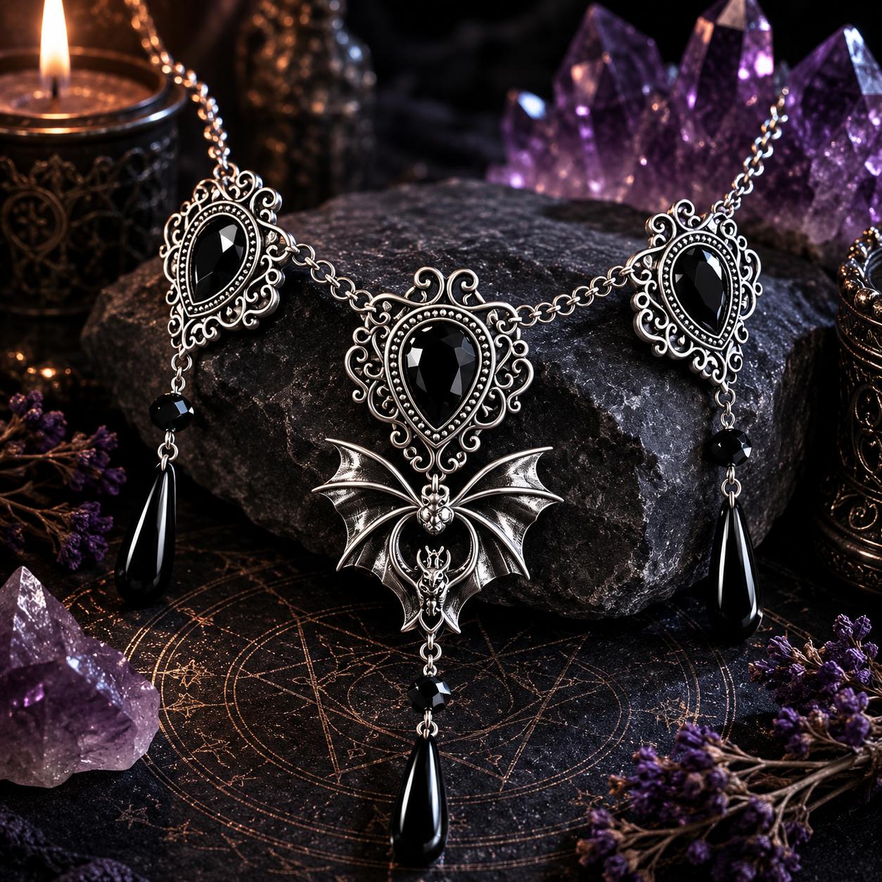 Gothic Bat Black Osidian Crystal Pendant Necklace Witchy Jewelry for Halloween-MoonChildWorld