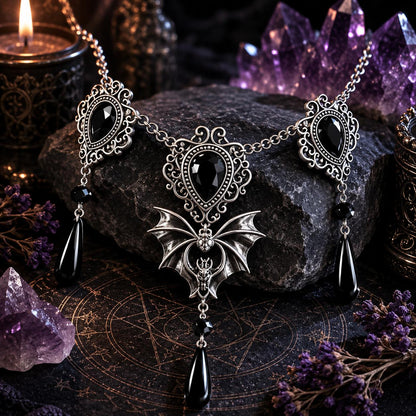 Gothic Bat Black Osidian Crystal Pendant Necklace Witchy Jewelry for Halloween-MoonChildWorld