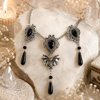 Gothic Bat Black Osidian Crystal Pendant Necklace Witchy Jewelry for Halloween-MoonChildWorld