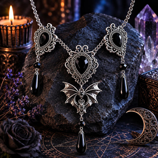 Gothic-style necklace with bat pendant on a dark stone surface with candles and crystals.