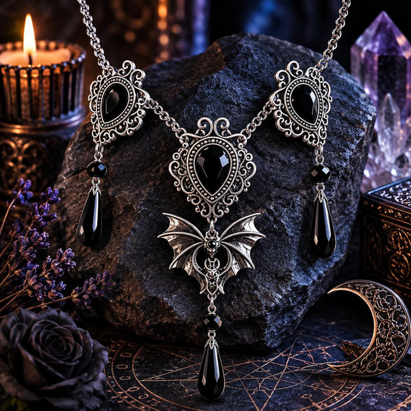 Gothic-style necklace with bat pendant on a dark stone surface with candles and crystals.