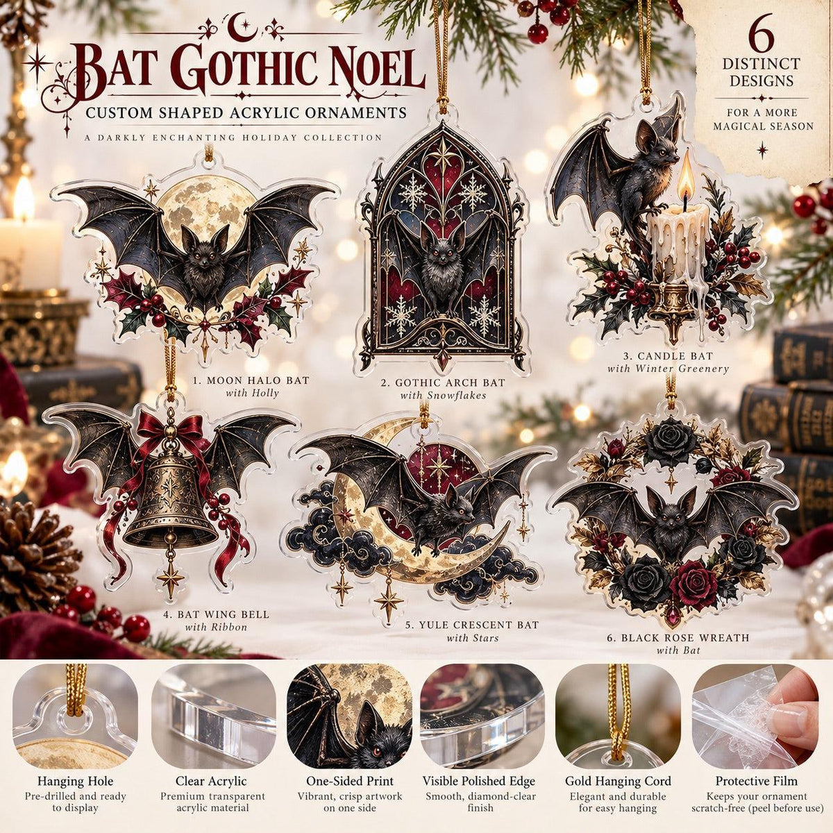 Gothic Bat Christmas Acrylic Ornament Set – Witchy Gothmas Decor – ornament size and details