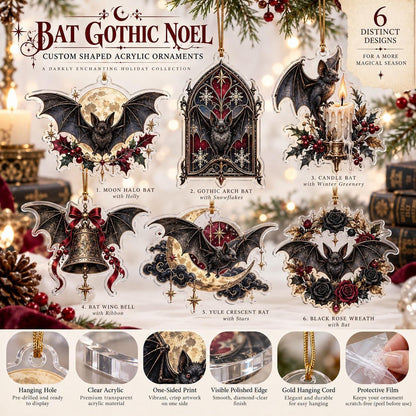 Gothic Bat Christmas Acrylic Ornament Set – Witchy Gothmas Decor – ornament size and details
