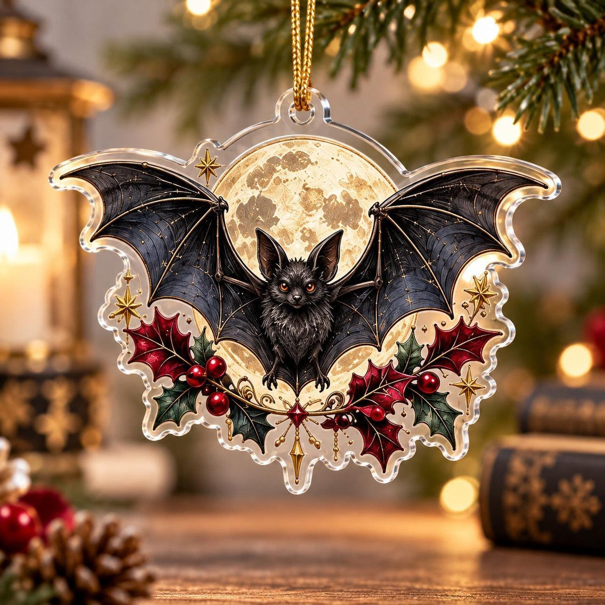 Gothic Bat Christmas Acrylic Ornament Set – Witchy Gothmas Decor – Moon Halo Bat ornament