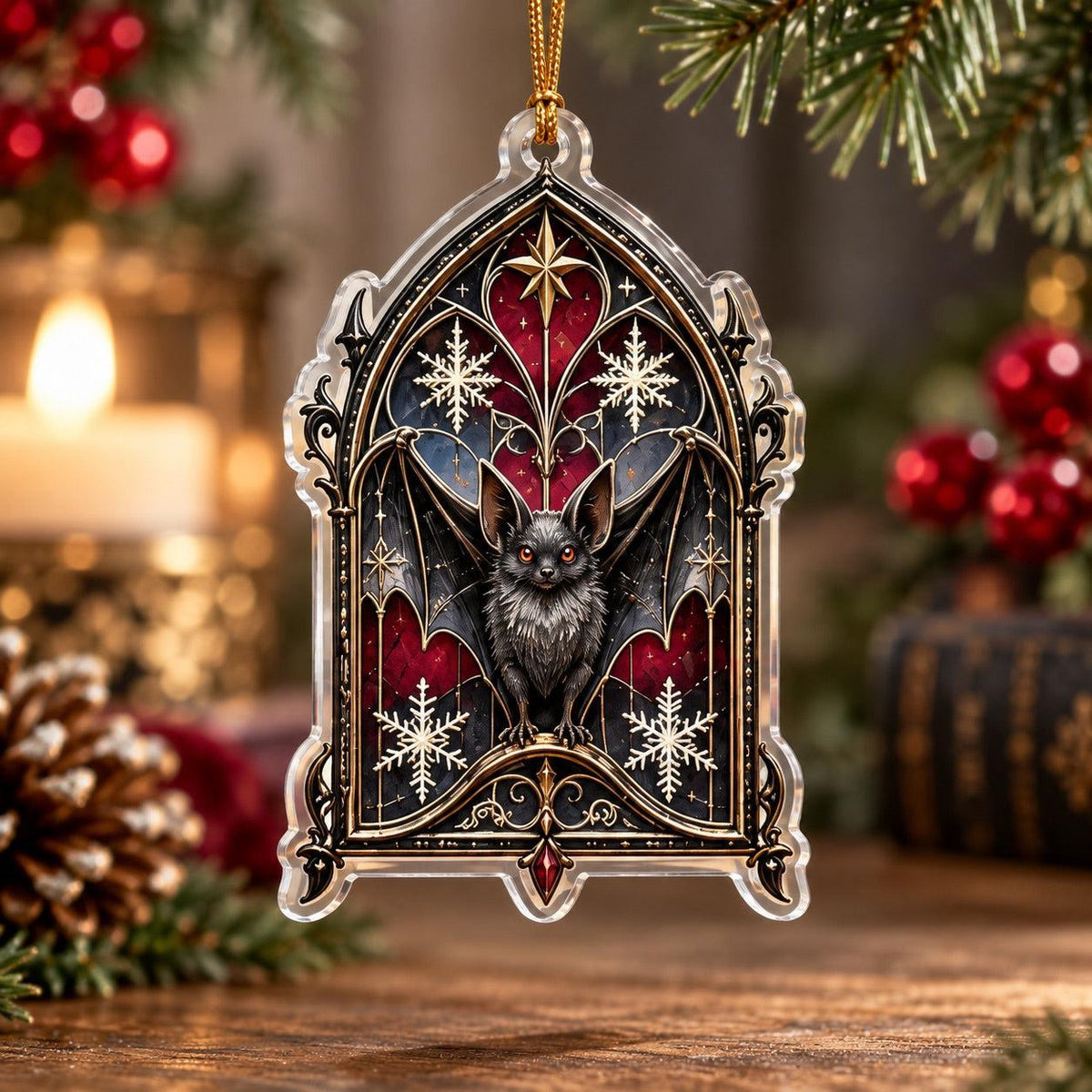 Gothic Bat Christmas Acrylic Ornament Set – Witchy Gothmas Decor – Gothic Arch Bat ornament