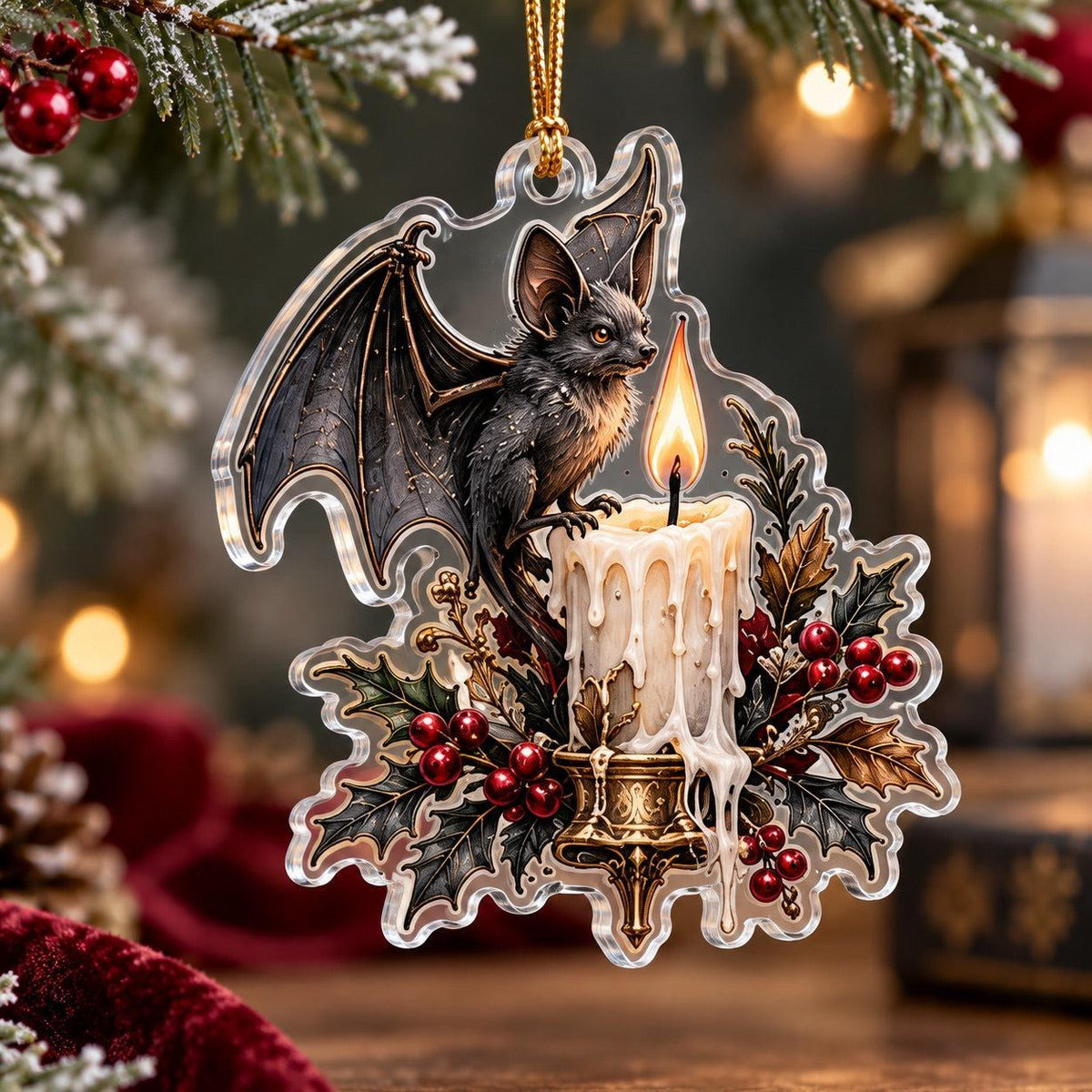 Gothic Bat Christmas Acrylic Ornament Set – Witchy Gothmas Decor – Candle Bat ornament