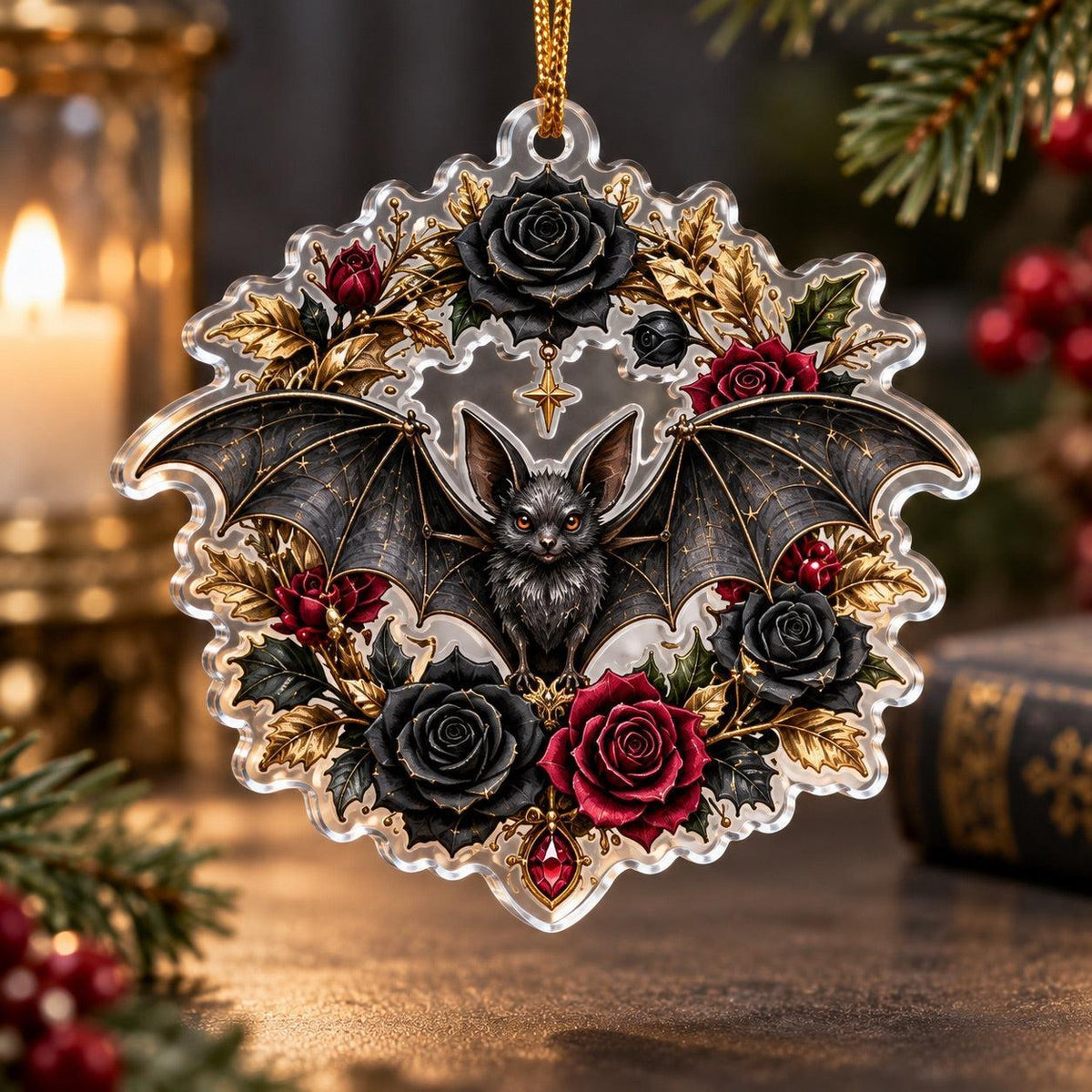 Gothic Bat Christmas Acrylic Ornament Set – Witchy Gothmas Decor – Black Rose Wreath Bat ornament