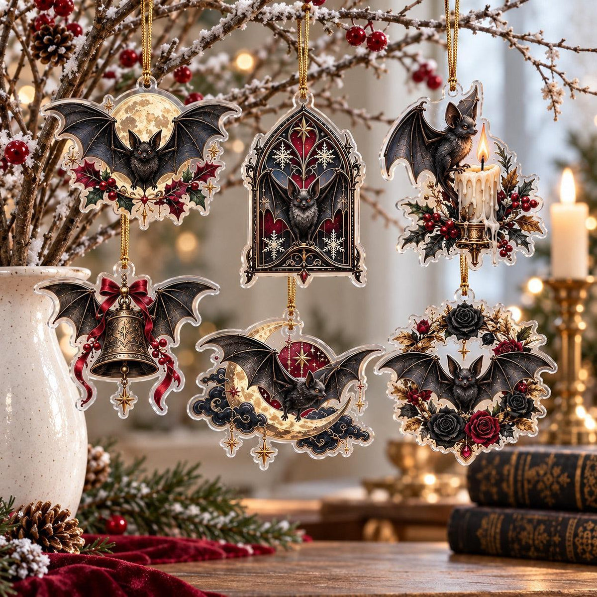 Gothic Bat Christmas Acrylic Ornament Set – Witchy Gothmas Decor – set of 6, another view