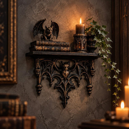 Bat gargoyle wall shelf styled with books and candlelight in a gothic study