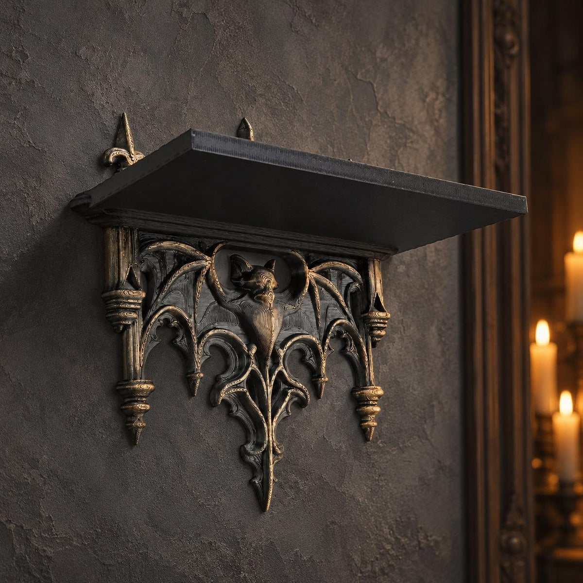Low angled view of gothic bat shelf showing sculpted wings, arches and side columns