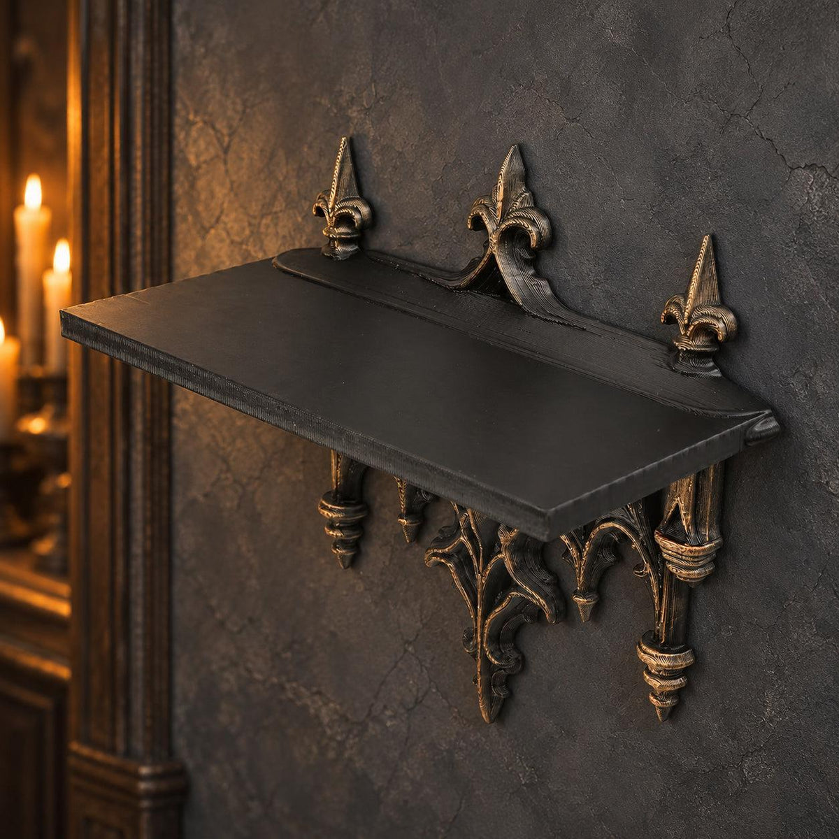 High angled view of empty bat gargoyle shelf showing flat ledge and three finials