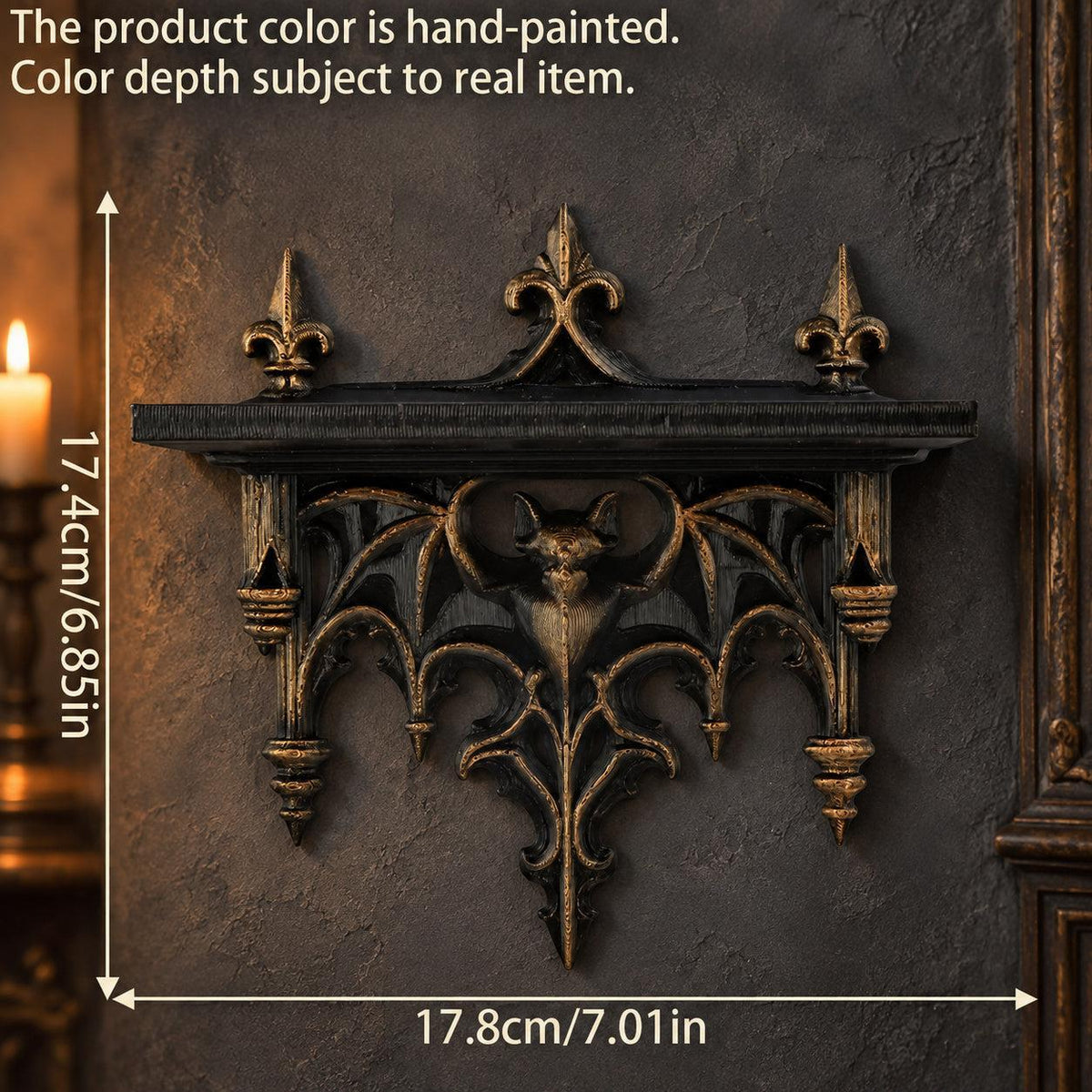 Bat gargoyle shelf size guide showing 17.8 cm width and 17.4 cm height on a gothic wall