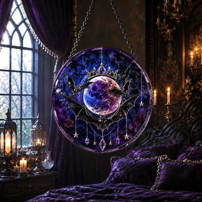 Gothic Bat Moon Glass Suncatcher - hanging view
