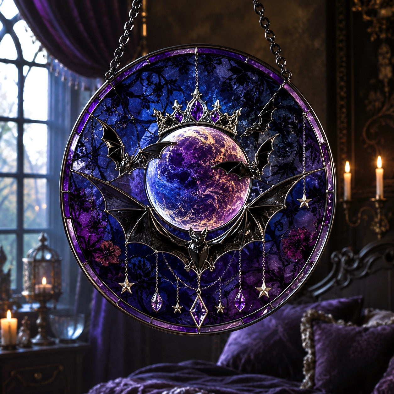 Gothic Bat Moon Glass Suncatcher - window display