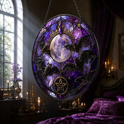 Gothic Bat Moon Pentacle Glass Suncatcher - hanging view