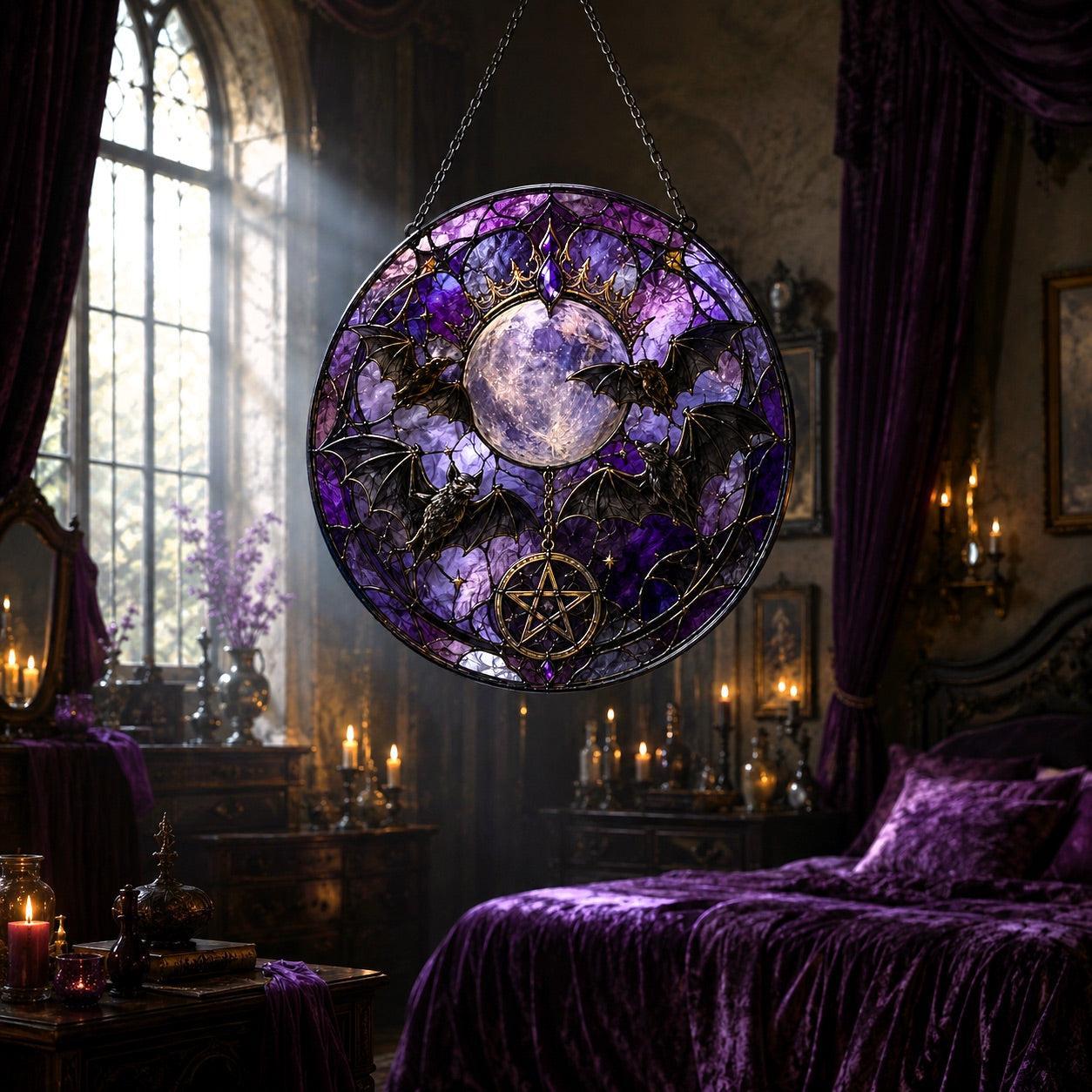 Gothic Bat Moon Pentacle Glass Suncatcher - sunlight glow
