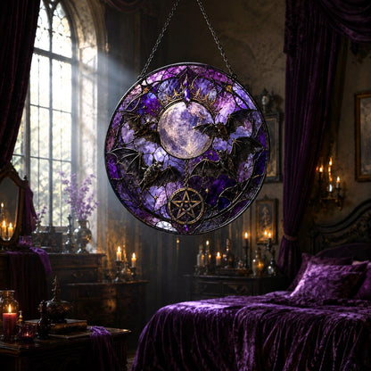 Gothic Bat Moon Pentacle Glass Suncatcher - sunlight glow